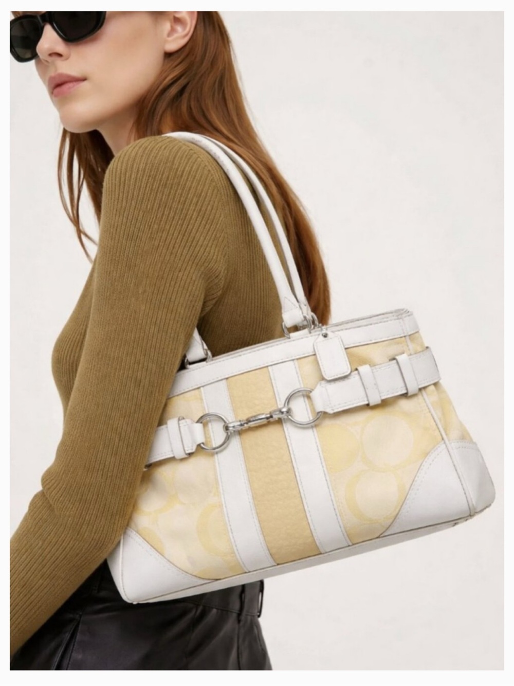Coach Hampton Optic C Signature Stripe Yellow White Double Handle Shoulder Bag - Picture 2 of 15